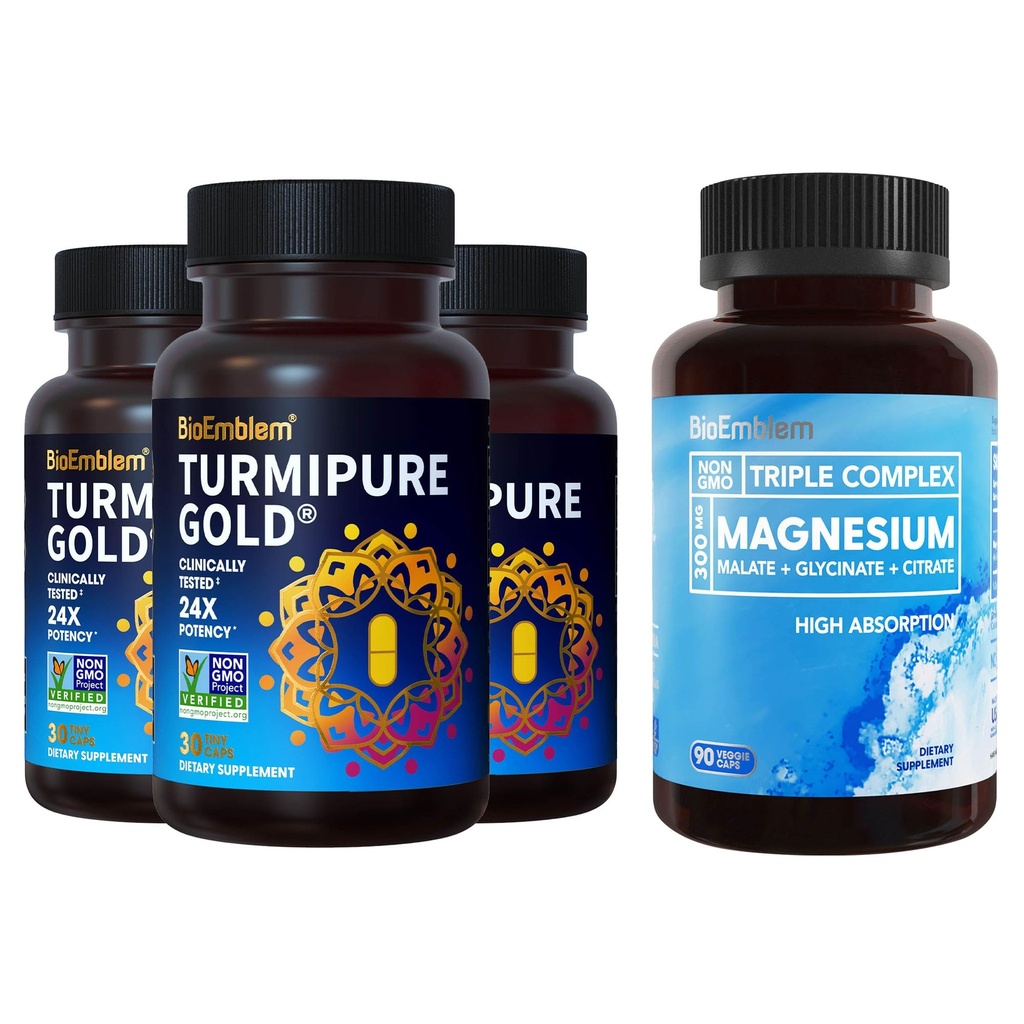 BioEmblem Triple Magnésium Complexe et BioEmblem Curcumine Turmère avec TurmiPure cliniquement étudié - Soutien articulaire, Suppléments Turcuma d'inflammation saine