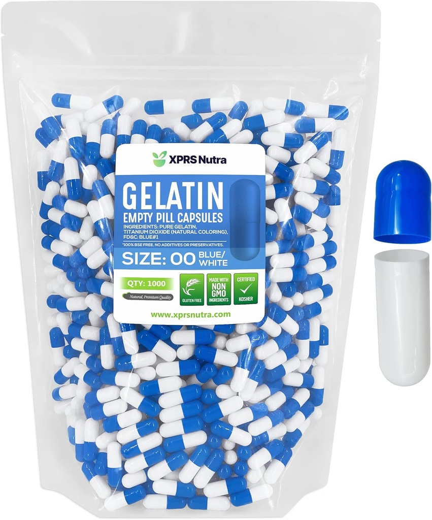XPRS Nutra Formaat 00 Lege capsules - 1000 Telle Lege Gelatine Capsules - Pillen DIY Capsule Vulling - Vulbare Pill Gel Caps voor Do-It-Yourself Supplements (Blauw/Wit)
