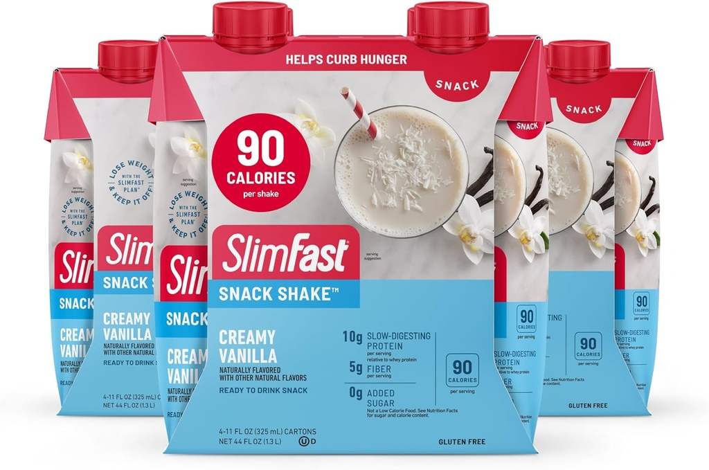 SlimFast Snack Shake, 90 Calorie Fiber Shake, klaar om te drinken, proteïnedrank, Romige Vanille, 12 Tellen