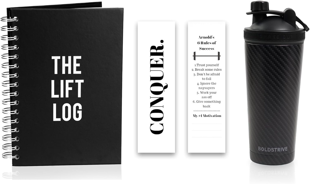 Stainless Steel Protein Shaker Bottle, Geïsoleerde waterfles met zwarte koolstofvezel Wrap & workout Journal met bladwijzer 6 maand Undated Daily Fitness Journal