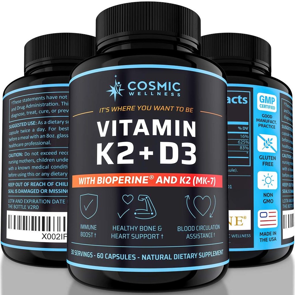 K2 D3 Vitaminesupplement 5000 Iu - voor gezondere botten, bloed, hart en betere immuniteit - verbeterde calciumabsorptie met bioperine - 100% natuurlijk en Allergenen-vrij - vitamine D3 K2 Mk7 5000 Iu