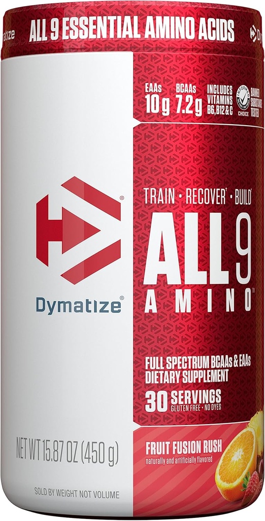 Dymatize All9 Amino, 7.2g van BCAA's, 10g van volledige spectrum essentiële Aminozuren per portie voor herstel en spiereiwitsynthese, Fruit Fusion Rush, 30 porties, 15,87 Ounce