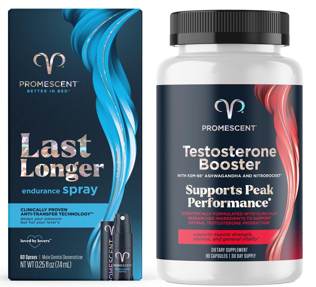 Promescent Delay Spray voor Hem (7.4ml) + Testosteron Booster voor Mannen Supplement met Tongkat Ali (LongJack), KSM-66 Ashwagandha, Horny Goat Weed, Energie, Uithoudingsvermogen