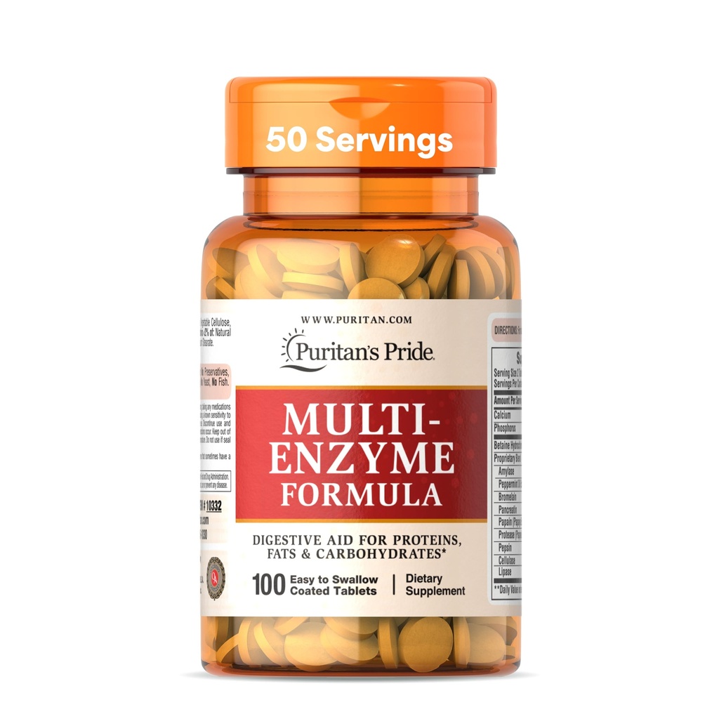 Puritan's Pride Multi-Enzyme Formula, Digestieve Hulp voor Proteïne, Vet, en Koolhydraten, Dieetsupplement voor spijsvertering en gezonde Gut Support, 50 dagen levering, 100 Gemakkelijk doorslikken gecoate tabletten