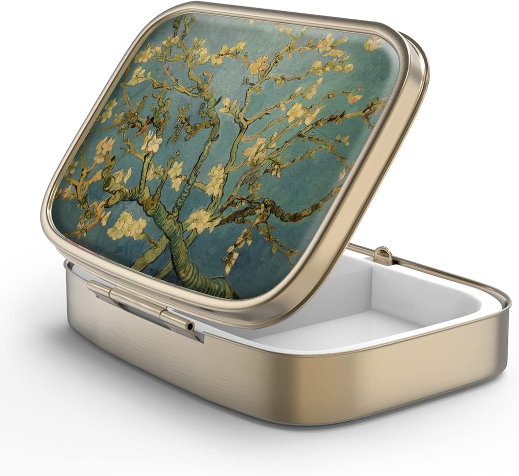 Pill Case Pill Box met Mirror Retro 2 Compartiment Kleine pil Case voor Purse of Pocket Bronze Rechthoekige Pill Box of Vitaminen, Visolie, Supplementen, Pill Bevat reizen geschenken(Vangogh Art)