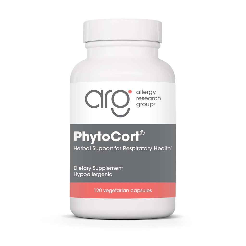 Allergy Research Group Supplément PhytoCort - Soutien respiratoire, Santé pulmonaire, Détox pulmonaire, Nettoyant pulmonaire, Respiration saine, Soutien aux plantes, Reishi, Licorice, Noni, Capsules végétariennes - 120 Compte