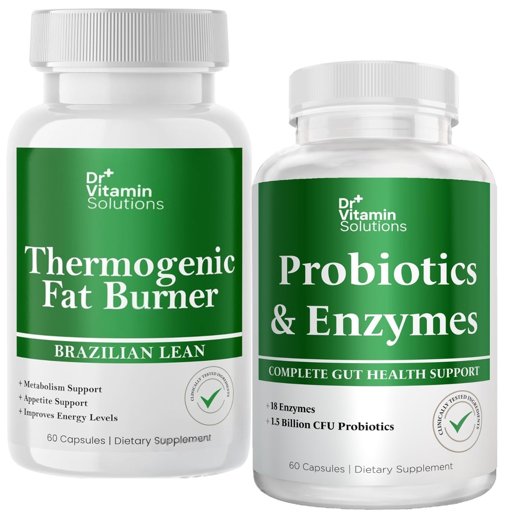 DR VITAMIN SOLUTIONS Thermogéniques Fat Burner & Probiotiques Enzymes digestifs avec prébiotiques pour la santé digestive et le soulagement du bloom pour les femmes et les hommes - Bundle 90 Caps