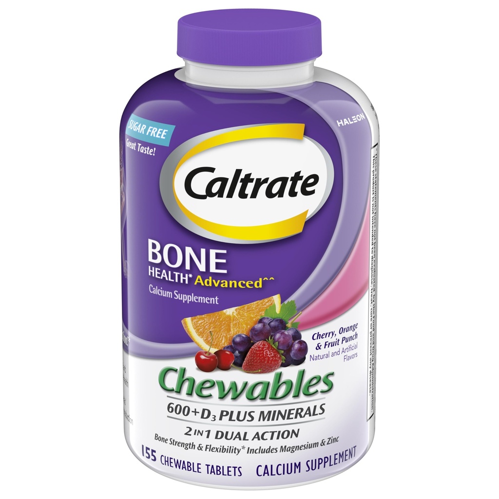 Caltrate kauwtabletten 600 +D3 Plus Mineralen Calcium en Vitamine D, Suikervrij, Kers, Oranje en Fruit Punch, 155 tellen