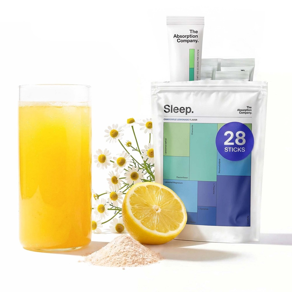 Slaaphulp poeder - Kalmerende drank voor diepe slaap met liposomale saffraan, Magnesium & PharmaGABA Melatonine-vrije natuurlijke supplement om stress te verminderen en de kwaliteit van de slaap kamille limonade te verbeteren 28 Sticks