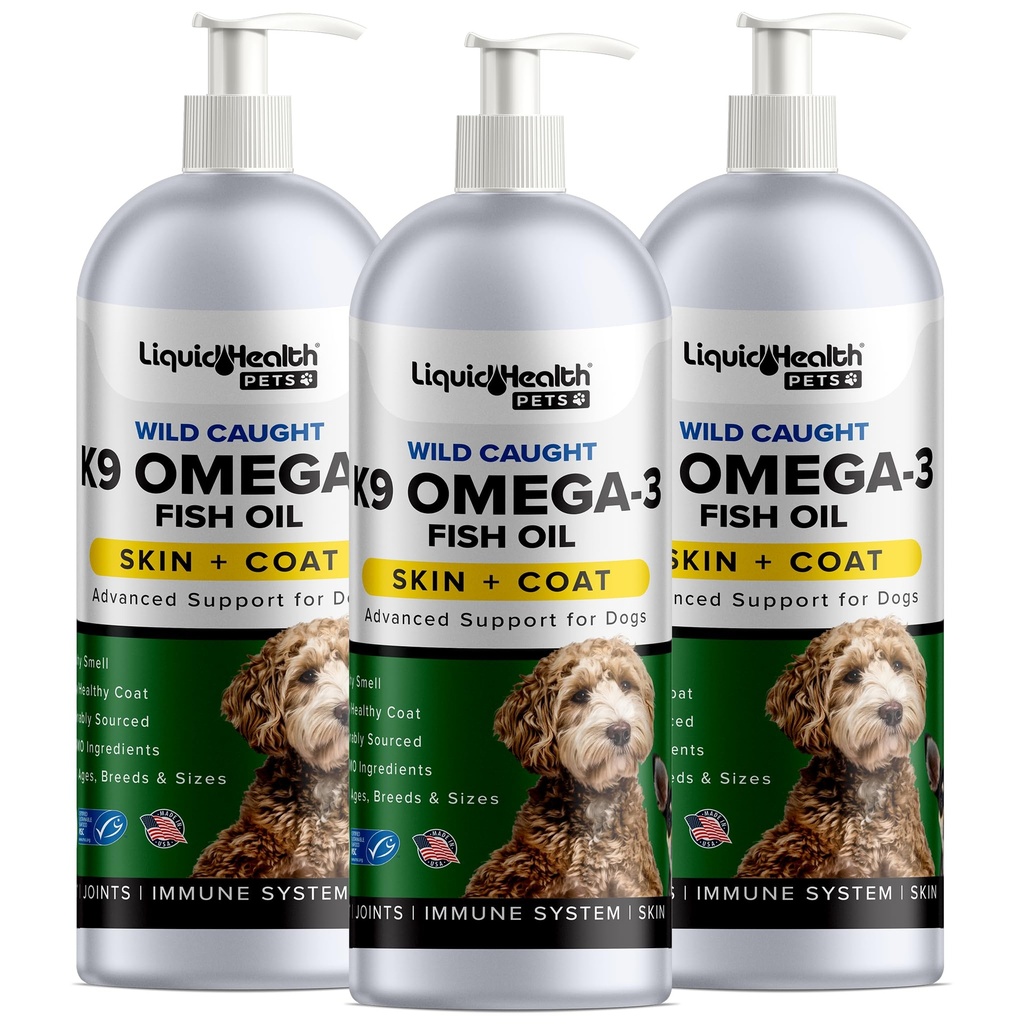 Animaux de santé liquides K9 Omega 3 Huile de poisson pour chiens - Liquid Omega 3 Supplément pour animaux de compagnie avec EPA + DPA + DHA - Réduire les démangeaisons et l'échouement, les articulations de soutien, l'immunité, le cerveau, la santé cardiovasculaire - USA Made (3 Pack)