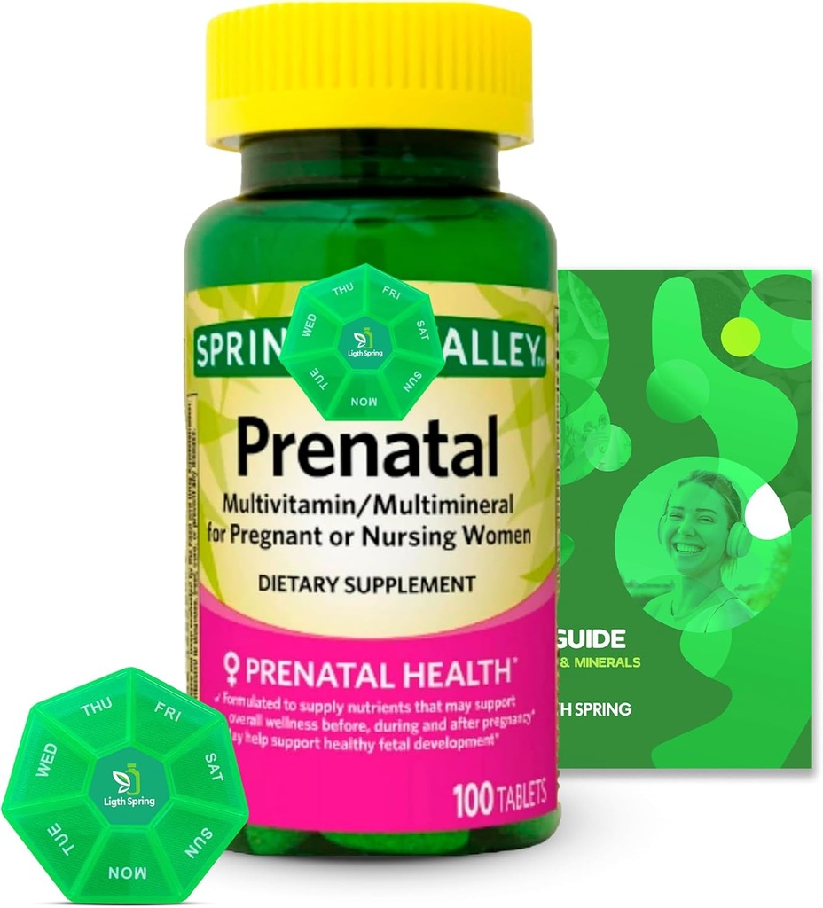 Multivitamines prénatales/multiminérales 100 comprimés contenant des vitamines et minéraux exclusifs - de A à Z - Guide de ligth et de printemps de meilleure qualité + Organisateur hebdomadaire de pilules (3 articles)