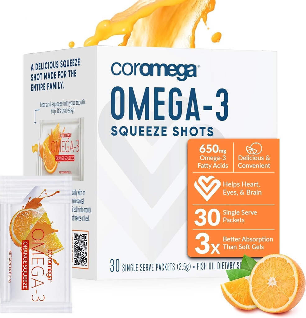 Supplément à l'huile de poisson Coromega Omega 3, 650mg de Omega-3s avec 3X meilleure absorption que les softgels, Arôme orange, 30 One Serve Squeeze Packet