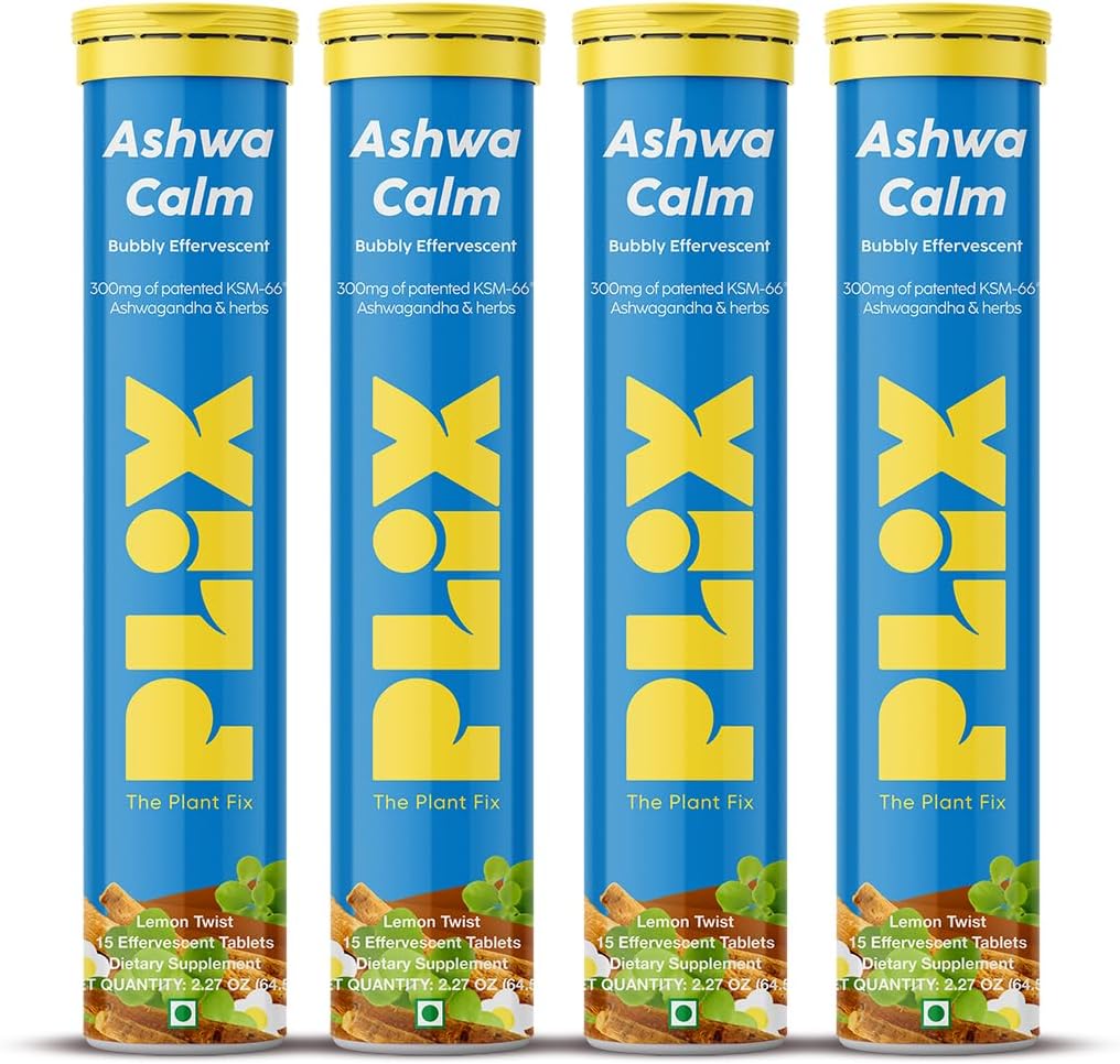 PLIX - THE PLANT FIX KSM-66 Ashwagandha 300mg Bruisende supplementen voor stress, Mood & Energy Support met vitamine D3 & Brahmi - 60 Vegan, non-GMO, glutenvrije tabletten, verpakking van 4