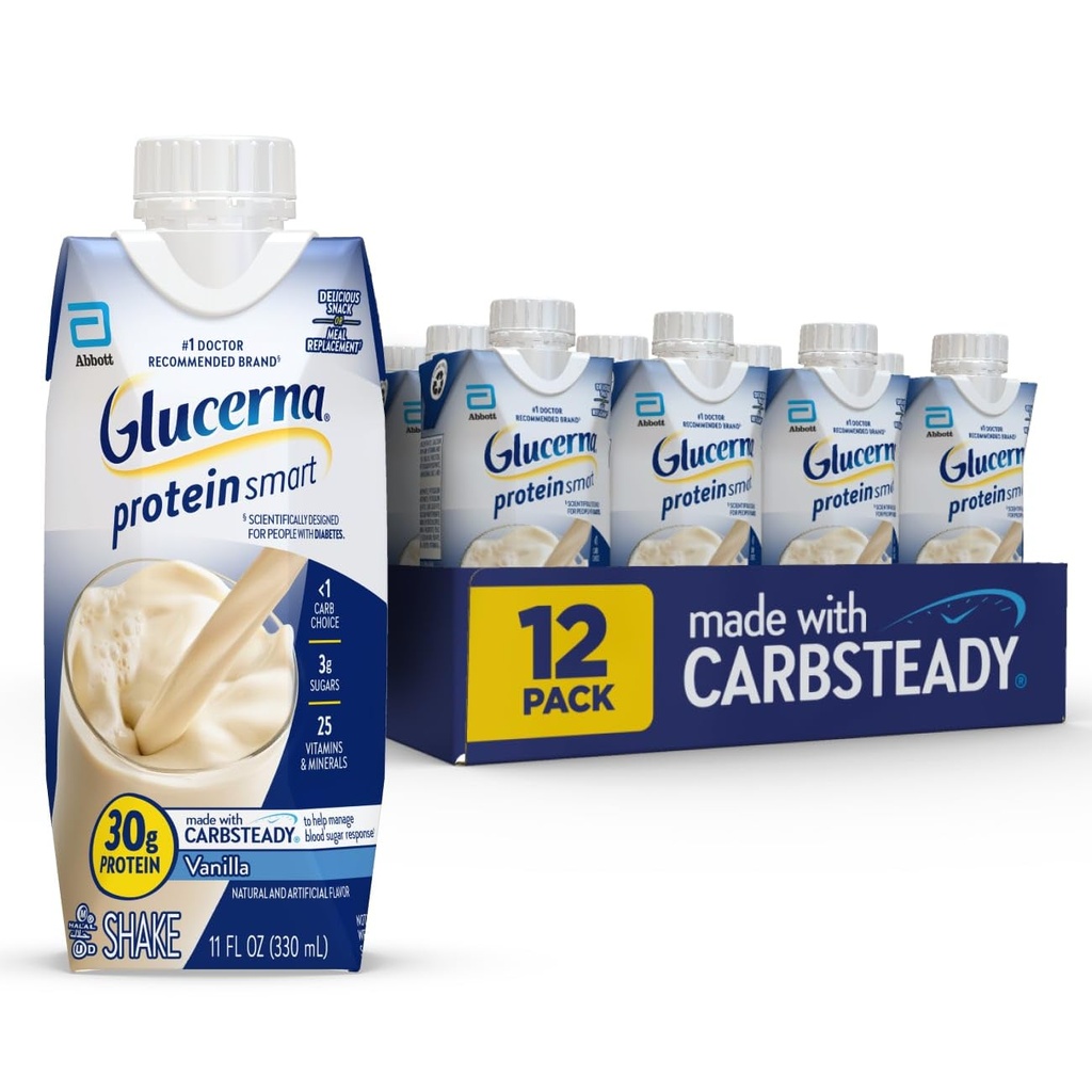 Glucorna Proteïne Smart Diabetes Care Shake, Vanille, Diabetische Maaltijd Vervanging ter ondersteuning van bloedsuikerbeheer, 30g Proteïne, 150 Calorieën, Klaar om te drinken, 11-fl-oz fles, 12 Pack