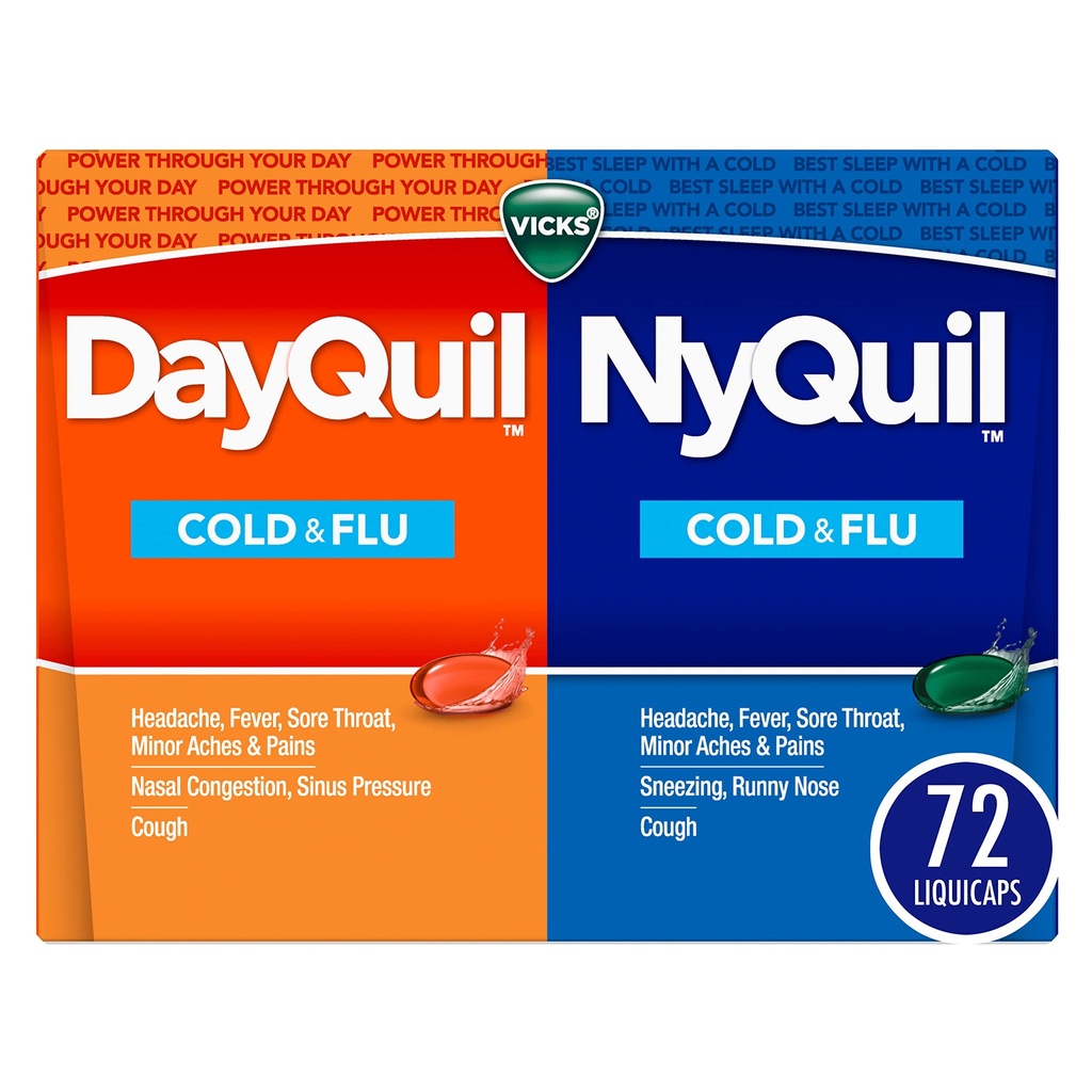 Vicks DayQuil & NyQuil Co-Pack, médecine du rhume et de la grippe, puissant multisymptôme de jour et de nuit pour les maux de tête, la fièvre, la gorge douloureuse, les douleurs et les douleurs mineures, et la toux, 72ct