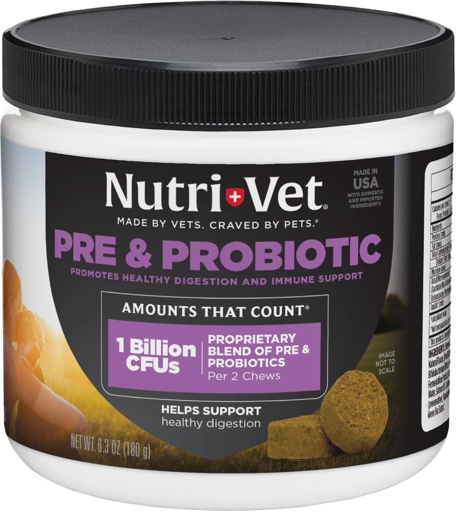 Nutri-Vet Pre & Probiotica voor honden, Digestieve Ondersteuning, Upset Maag, Puppy Probiotic, Huisdier Vitaminen en Supplementen, Hondenprobiotica, Lever & Cheese Smaak, 120 Zachte Kauwen