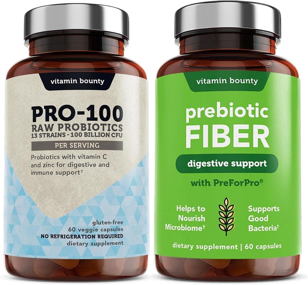 Vitamine Bounty Pro-100 Probiotica & Prebiotic Fiber Bundle: Ultimate Gut Health Support with 13 Strains, 100 Miljard CFUs, Zink & Vitamine C, Delayed Release Capsules - 90 Capsules