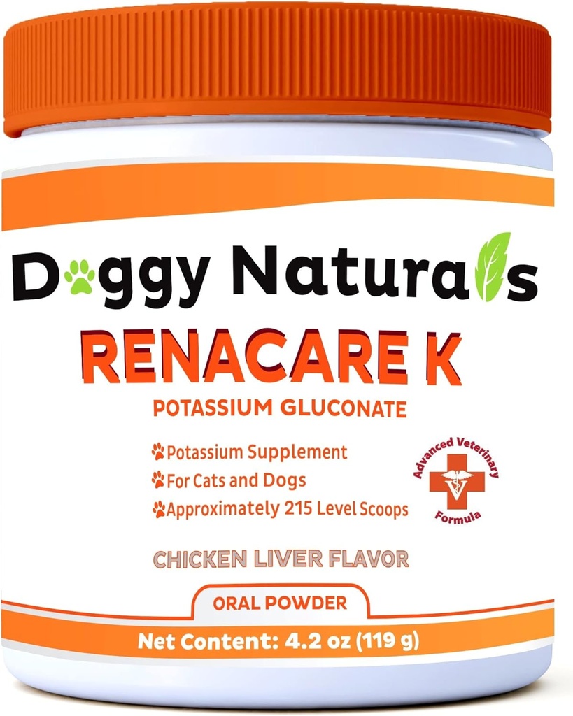 RenaCare K is voor Renal K (Potassium Gluconate) Kaliumsupplement Poeder voor honden en katten, (4 oz) met Kip Lever Smaak - 215 Level Scoop (Made is U.S.A)