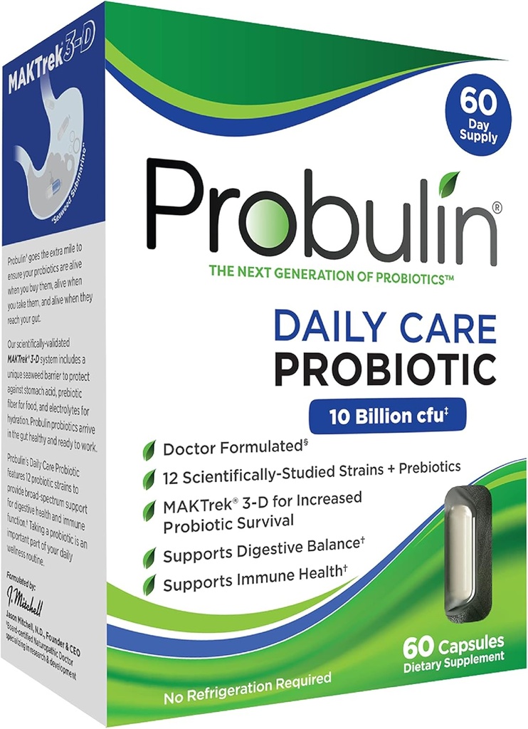 Probulin Daily Care Probiotic Supplement, Digestief, Gut, en Immune Health Support Capsules voor mannen en vrouwen, 10 miljard CFU, Vegan, 60 Count Box