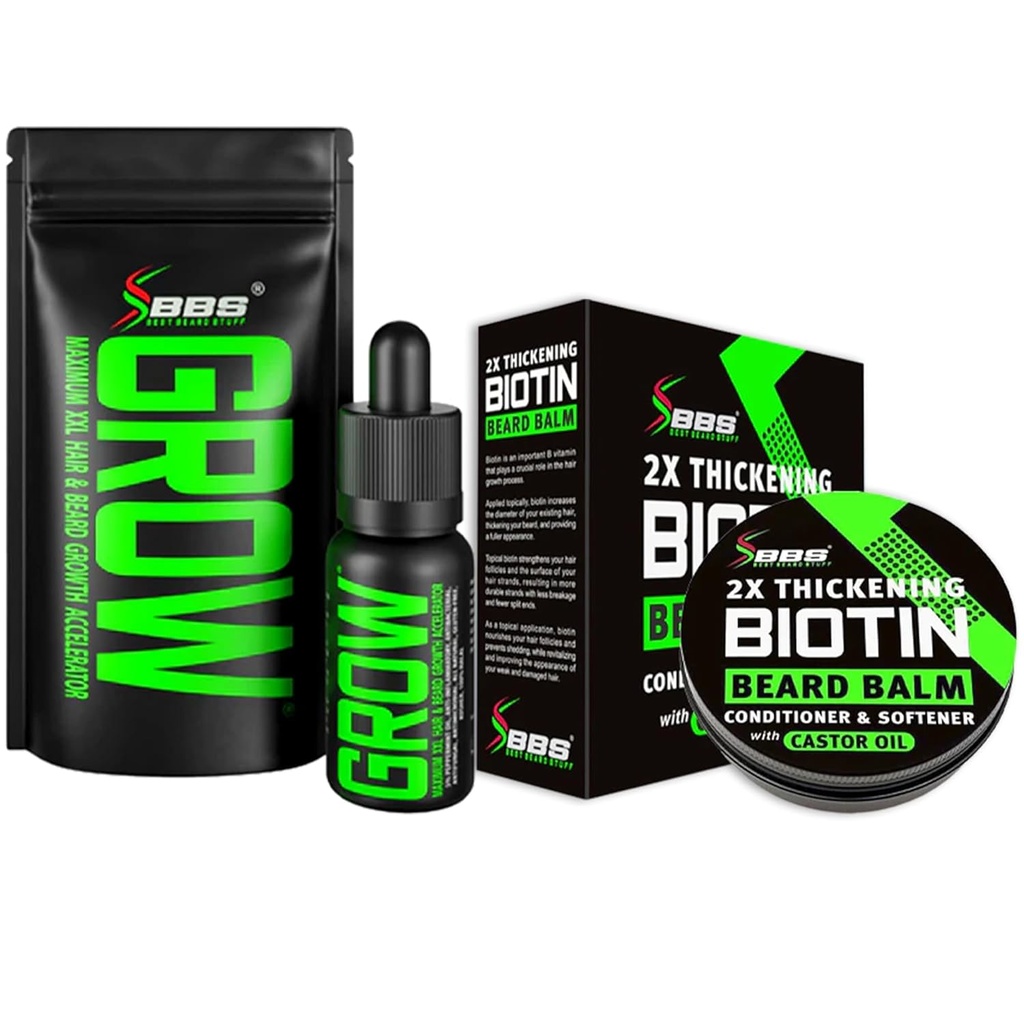 Baardgroei Kit w/GROW XXL Baardolie/Serum voor gezichtsgroei voor mannen + 2X Verdikende Biotine Snor Wax & Balm voor mannen - Conditioner & Softener - Geformuleerd in Amerika