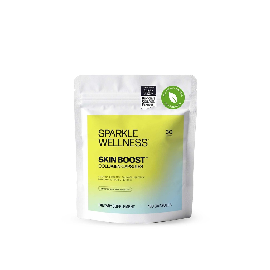 Sparkle Wellness Skin Boost Collageen Capsules (180 pillen) 30 dagen van 2500 mg VERISOL Collageen Peptides & Vitamin C Verbetert de huid elasticiteit en verschijning van fijne lijnen