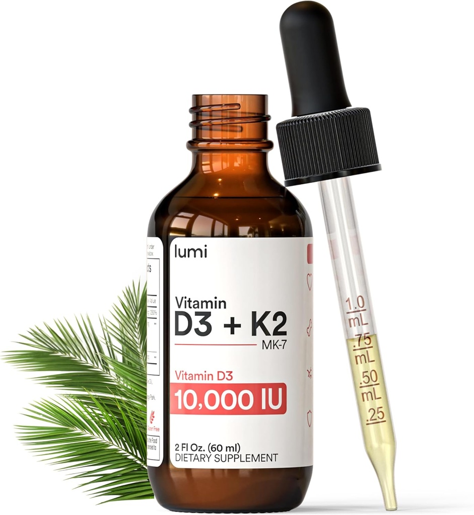 lumi Vitamine D3 K2 MK7 w Palm MCT Oil - 10000 IE D3, 200 mcg K2 MK7-60ml Liposomale Absorptie Sublingual Liquid Drops - Non-GMO, Vegan, Unflavored Liquid - Monthly Supply Supply - 2 Fl Oz