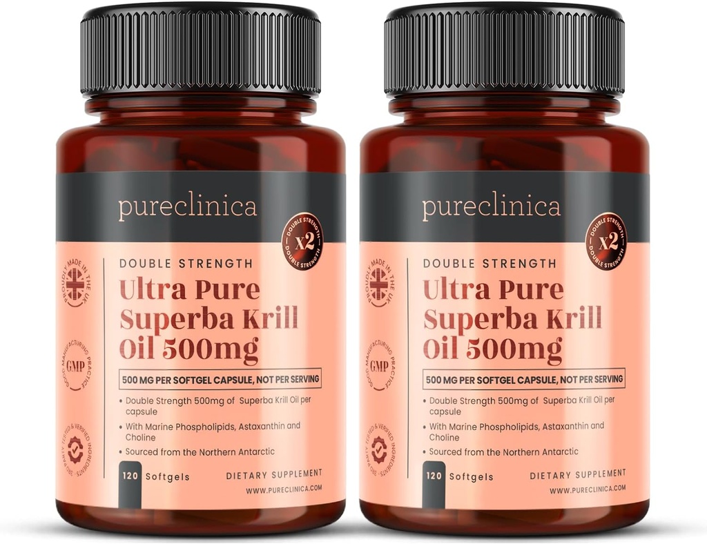 Huile de krill ultra pure 500mg x 240 capsules (2 bouteilles) - provenant des eaux non polluées de l'Antarctique fournissant un riche approvisionnement en astaxanthine, oméga 3 et vitamine D