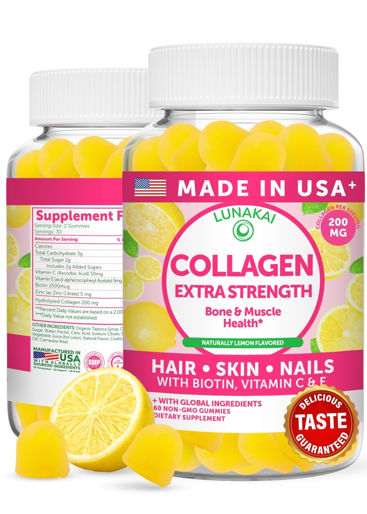 Lunakai États-Unis fait Collagen Peptides Gummies - 200mg formule anti-OGM avec biotine, zinc, vitamines C & E pour cheveux, peau et ongles, 60ct