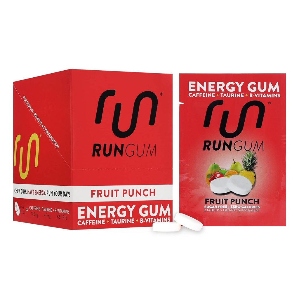 RUN GUM Fruit Punch Energie Kauwgom 50mg Cafeïne Taurine & B-Vitaminen per stuk, 24 stuks (verpakking van 12) Suikervrij, Zero Calorie, Geen Aspartaam, en Glutenvrij, 1 ea