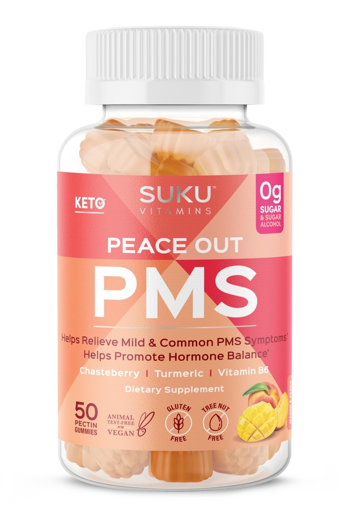 Vitamines SUKU - Supplément Gummy de SPM avec Chasteberry pour soulager les SPM et les Gummées de Ménopause de Mango (50 Nombre)