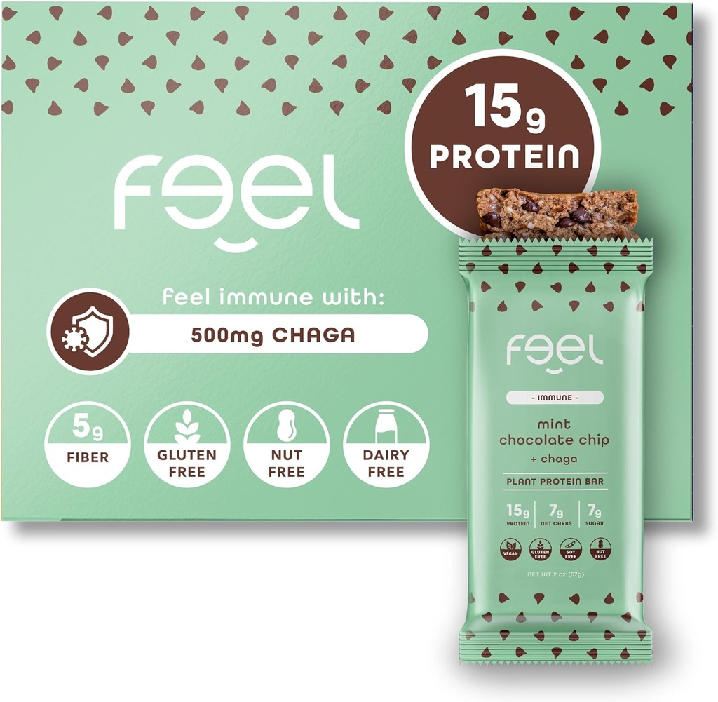 Feel Vegan Protein Bars | Mint Chocolate Chip | Keto | Gluten Free | Organic | Chaga Mushroom | 15g Plant Protein | Low Carb | High Protein | Dairy Free | Low Sugar | Grain Free | Nut Free | Soy Free
