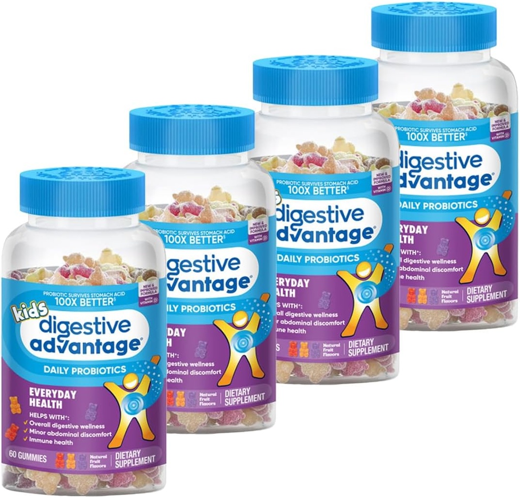 Digestief voordeel Kinderen Natuurlijke fruitsmaken Probiotische Gummies voor kinderen Occassional Bloating, Minor Abdominal Discomfort & Gut Health, 60 Graaf Gummies (4 Pack)