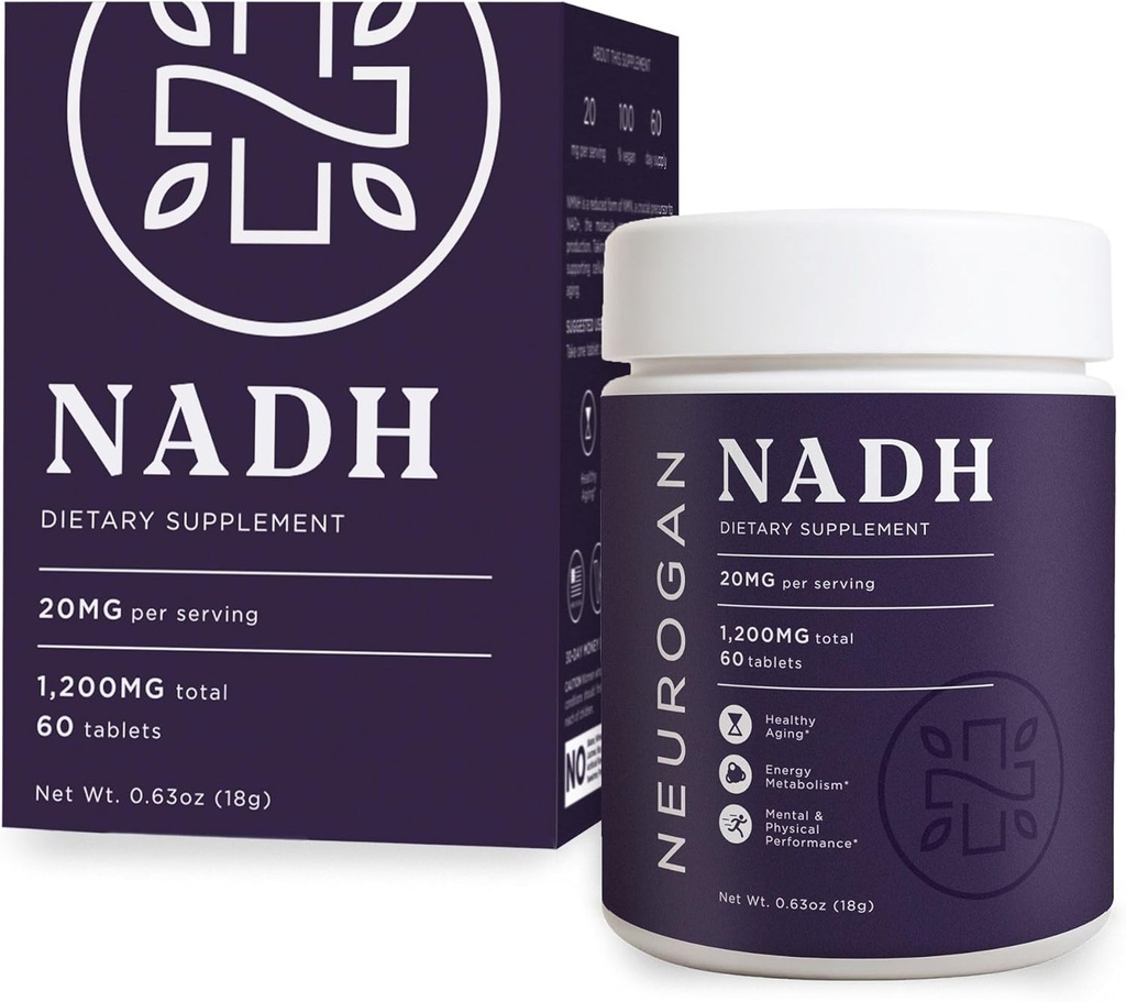 Comprimés Neurogan NADH - 20 mg par portion, 60 Ct - Énergie cellulaire, Vieillissement en santé, Suppléments cognitifs et de santé cardiaque - Supplément NAD réduit en dinucléotide nicotinamide adénine