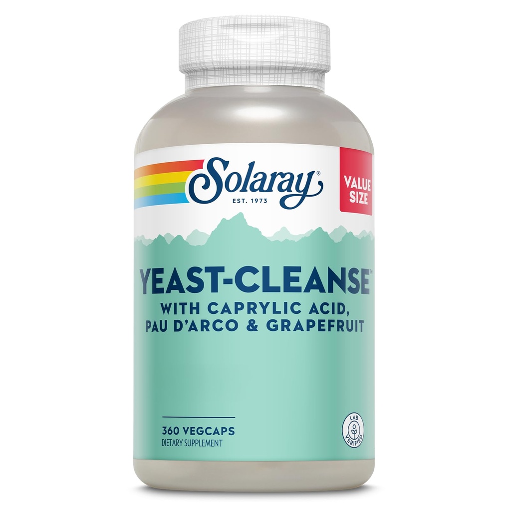SOLARAY Nettoyage des levures, support antioxydant avec acide caprylique, PAU d'Arco, extrait de racines de réglisse et extrait de graines de pamplemousse, garantie de 60 jours, garantie de 60 jours, 60 portions, 360 capsules de légumes