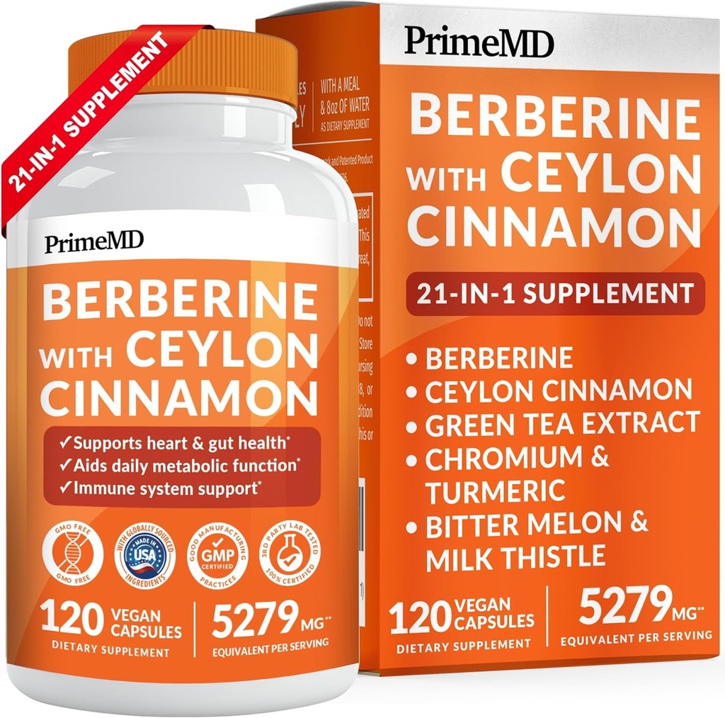 Supplément berbère 21-en-1 avec Ceylan Cinnamon - Berberine 1500 mg avec Chrome, Bitter Melon et Extrait de thé vert - Berberine 5X pour la gestion du poids et le métabolisme avec 5279 mg (120 ct)