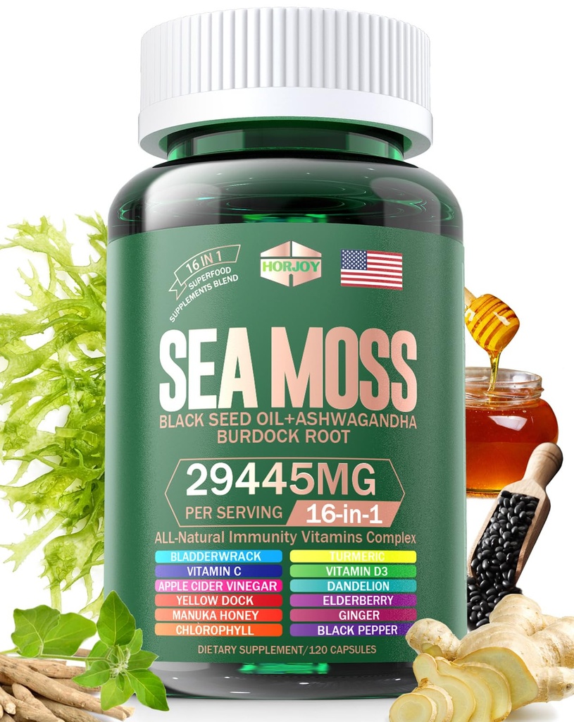 Sea Moss 12000mg Black Seed Oil 6000mg Ashwagandha 3000mg Turmeric 1000mg Bladderwrack 2000mg Burdock 3000mg & Vitamin C & D3 met Elderberry Manuka Dandelion Yellow Dock Iodine Chlorofyl ACV