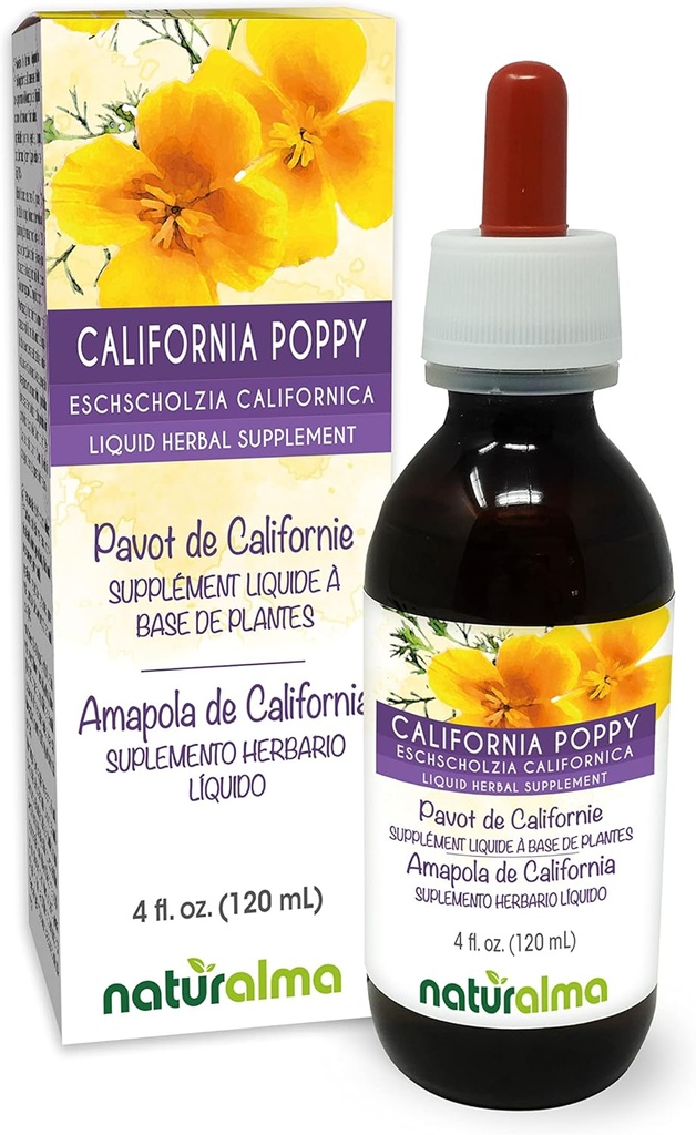 Naturalma Eschscholzia (Eschscholzia californica) kruid Alcoholvrije tinctuur - 4 fl oz Liquid Extract in druppels - Kruidensupplement - Veganistisch