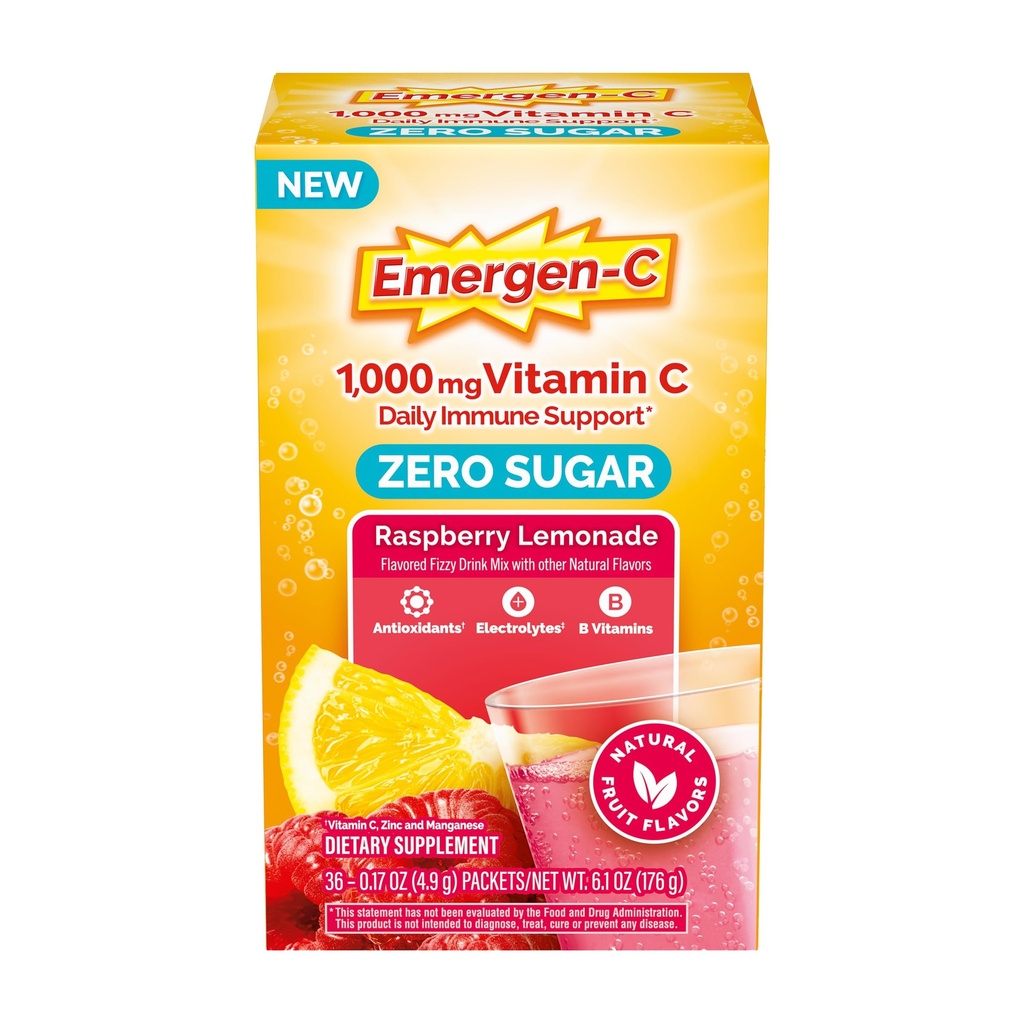 Emergen-C Zero Sugar 1000 mg Vitamine C Poeder voor dagelijkse Immune Support Cafeïnevrije vitamine C Supplementen met zink en Mangaan, B Vitaminen en Elektrolyten, Raspberry Limonade Smaak - 36 Tellen
