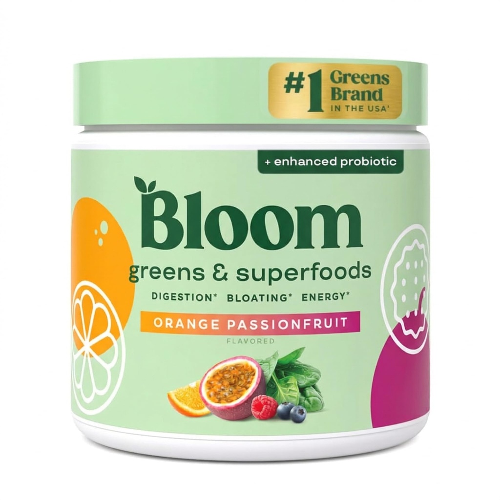 Bloom Nutrition Superfood Greens Powder, Digestieve enzymen met Probiotica en Prebiotica, Gut Health, Bloating Relief for Women, Chlorella, Juice Mix w/Beet Root Powder, 30 SVG, Orange Passionfruit
