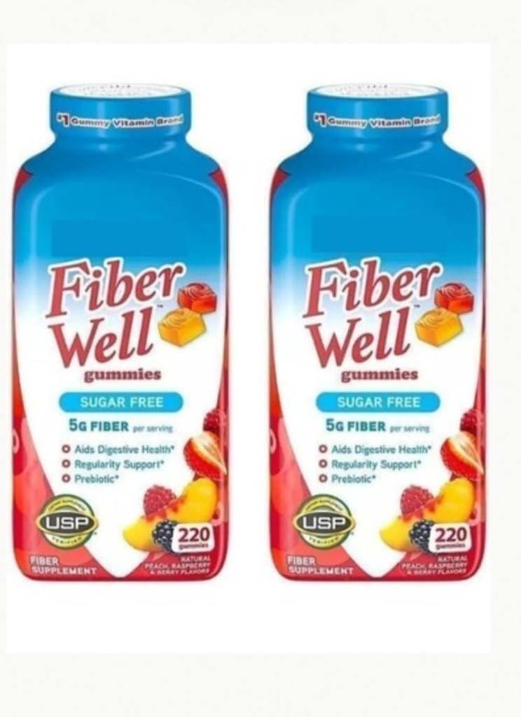 Fiber Well Sugar Free Gummies Supplement, Perzik, Aardbei en Bessen Smaak (2 flessen, suikervrij)