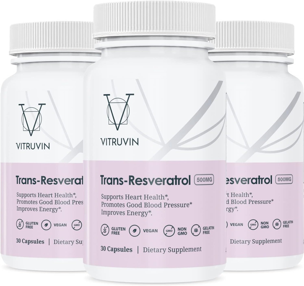 Vitruvin Trans-Resveratrol 500mg, 3 flessen Pack, Vegan, Non-GMO, Glutenvrij, Gelatinevrij.