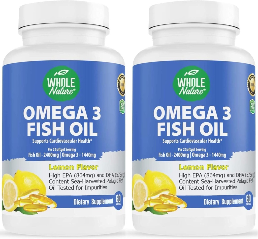 Omega 3 Visoliesupplementen, maximale sterkte 2400 mg Omega-3, 1440mg Visolie, EPA en DHA Vetzuren, Hart, Hersenen & Immune Ondersteuning voor vrouwen en mannen. Natuurlijke citroen smaak, 120ct (2)
