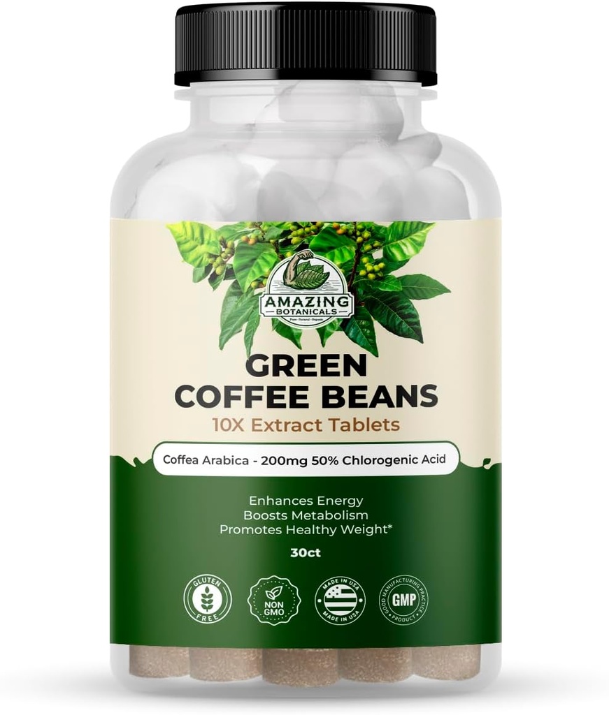 Amazing Botanicals Green Coffee Bean Extract Tablets - Coffea Arabica - 200mg 50% Chlorogenic Acid - 30 Count