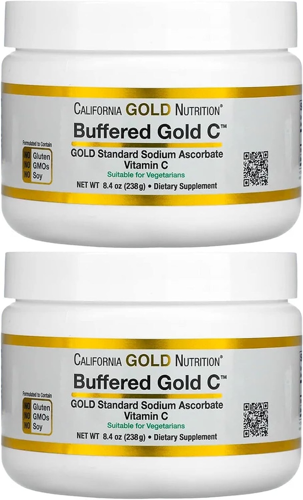 California Gold Nutrition Buffered Vitamin C Powder, Non-Acidic, Gold C, USP Grade Sodium Ascorbaat, Geschikt voor Veganisten en Vegetarians, 8,40 oz (238 g), 2 Pack