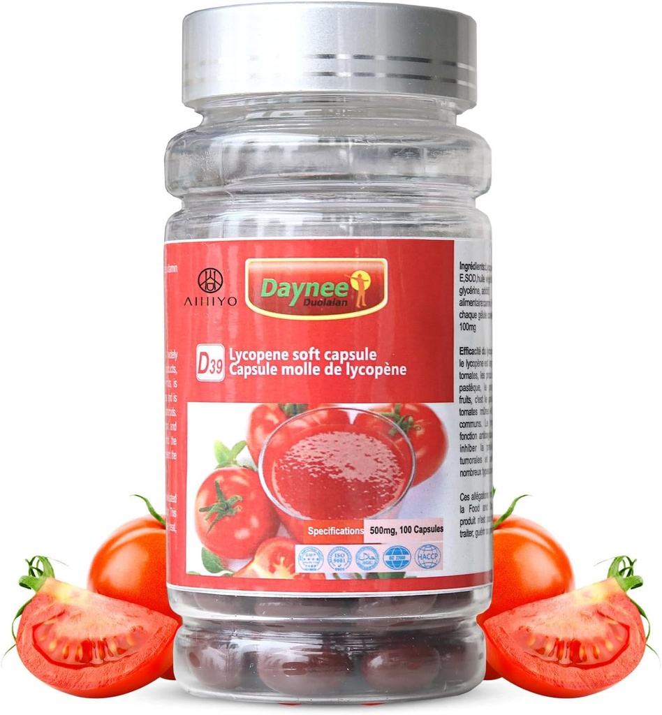 AIHIYO Lycopène Soft Capsule, 100 mg d'extrait de supplément de tomates, formule complexe biologique, 500 mg par gélule, 100 Softgel