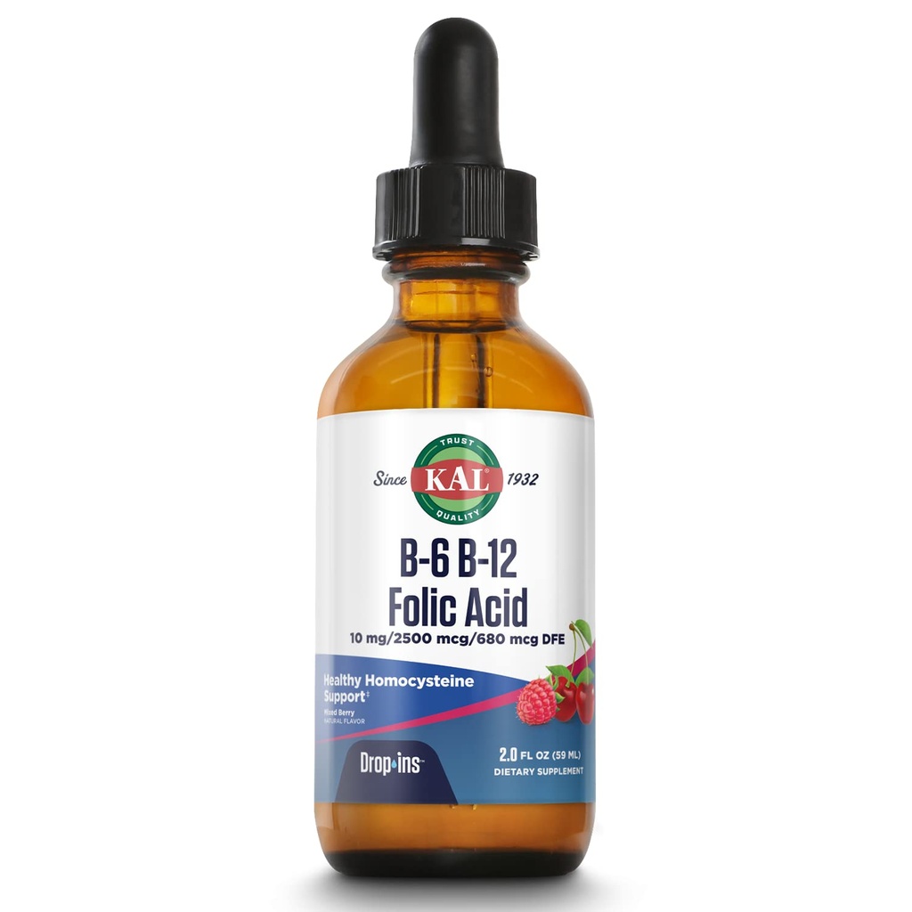 KAL Vitamine B-6 B-12 Folic Acid DropIns, Liquid Vitamin B Supplement Drops, Heart Health, Energy, Red Blood Cell Ondersteuning met Methyl B12 en Methyl Folate, Natural Mixed Berry Flavor, 59 Servings, 2oz