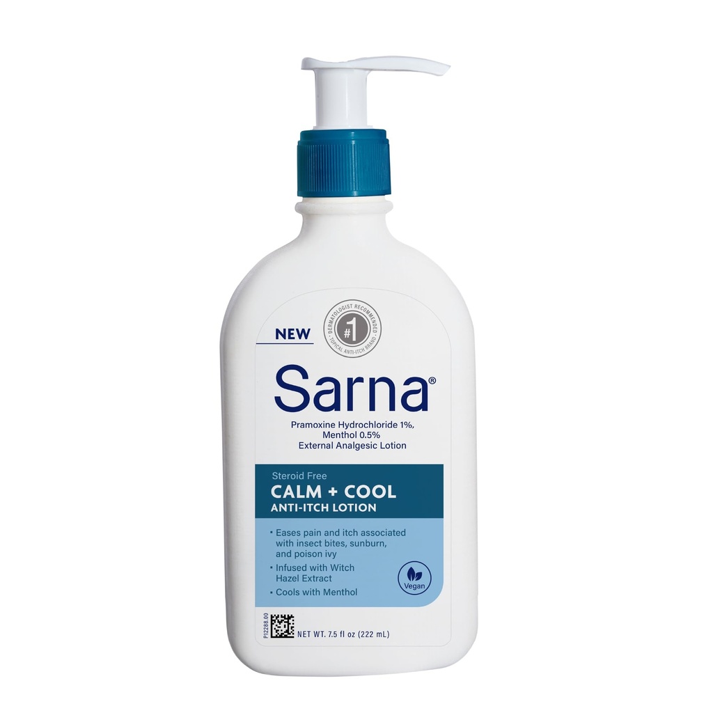 Sarna Calm + Cool Anti-Itch Lotion, Soothe and Relieve Pain and Itch from Insect Bites, Sunburn, & Poison Ivy, Bevat 1% Pramoxine Hydrochloride, 0,5% Menthol, Vegan, Steroid-Free, 7.5oz