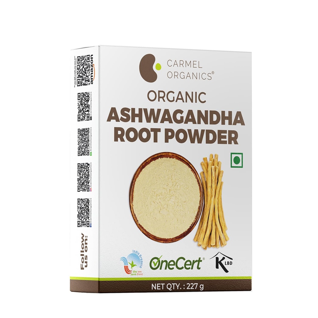 CARMEL ORGANISCS Organic Ashwagandha Root Powder (8 Oz of 227g/0,5 Lbs) USDA Certified. Lab getest, niet genetisch gemodificeerd en Glutenvrij Withania Somnifera uit India