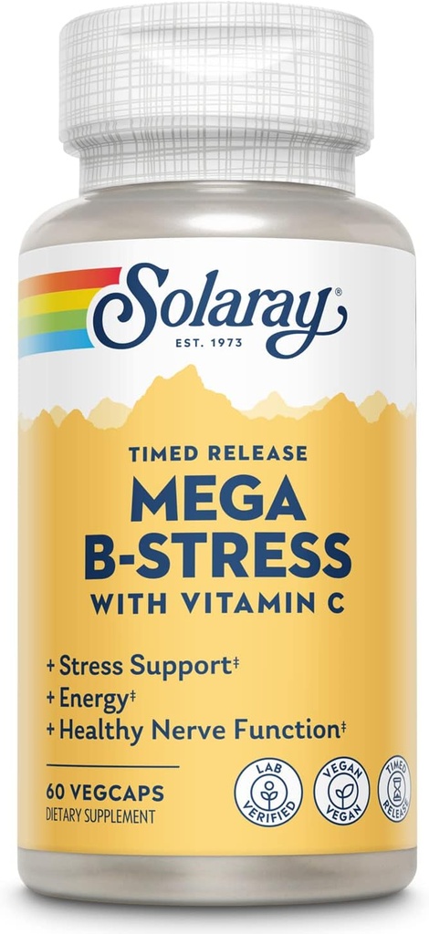 SOLARAY Mega Vitamine B-stress, Getimed-Release Vitamine B-complex met 1000 mg vitamine C voor stress, energie, rode bloedcel en immuunondersteuning, 60 dagen garantie, veganistan, 20 porties, 60 VegCaps