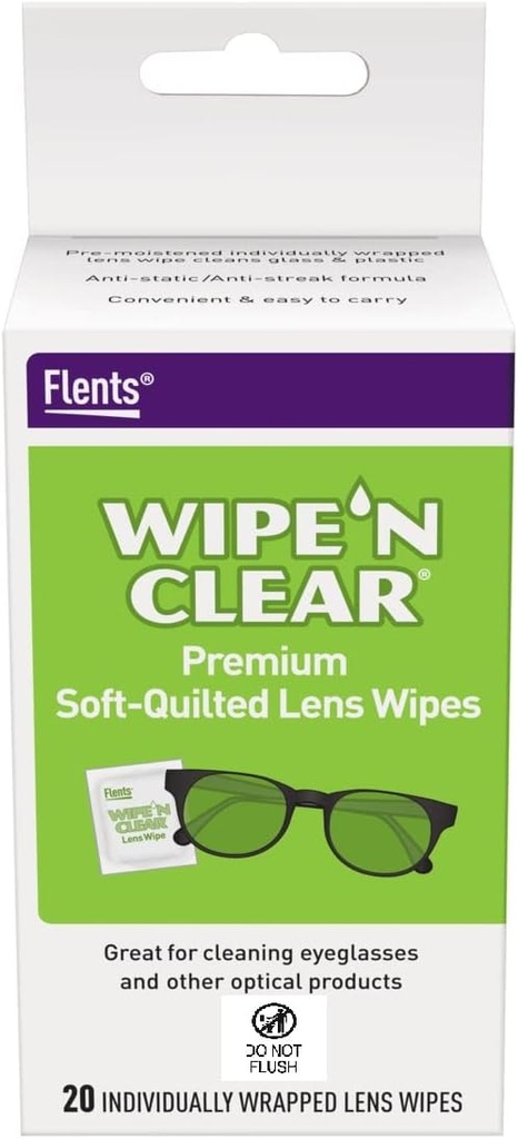 Flents Lens Wipes, Wipe 'N Clear, 20 Comte, Pré-moyenné, sans écharpe, sans danger pour les lunettes, Anti-Fog, Nettoyage doux, clair vision, emballé individuellement pour le voyage et la commodité, Fabriqué aux États-Unis
